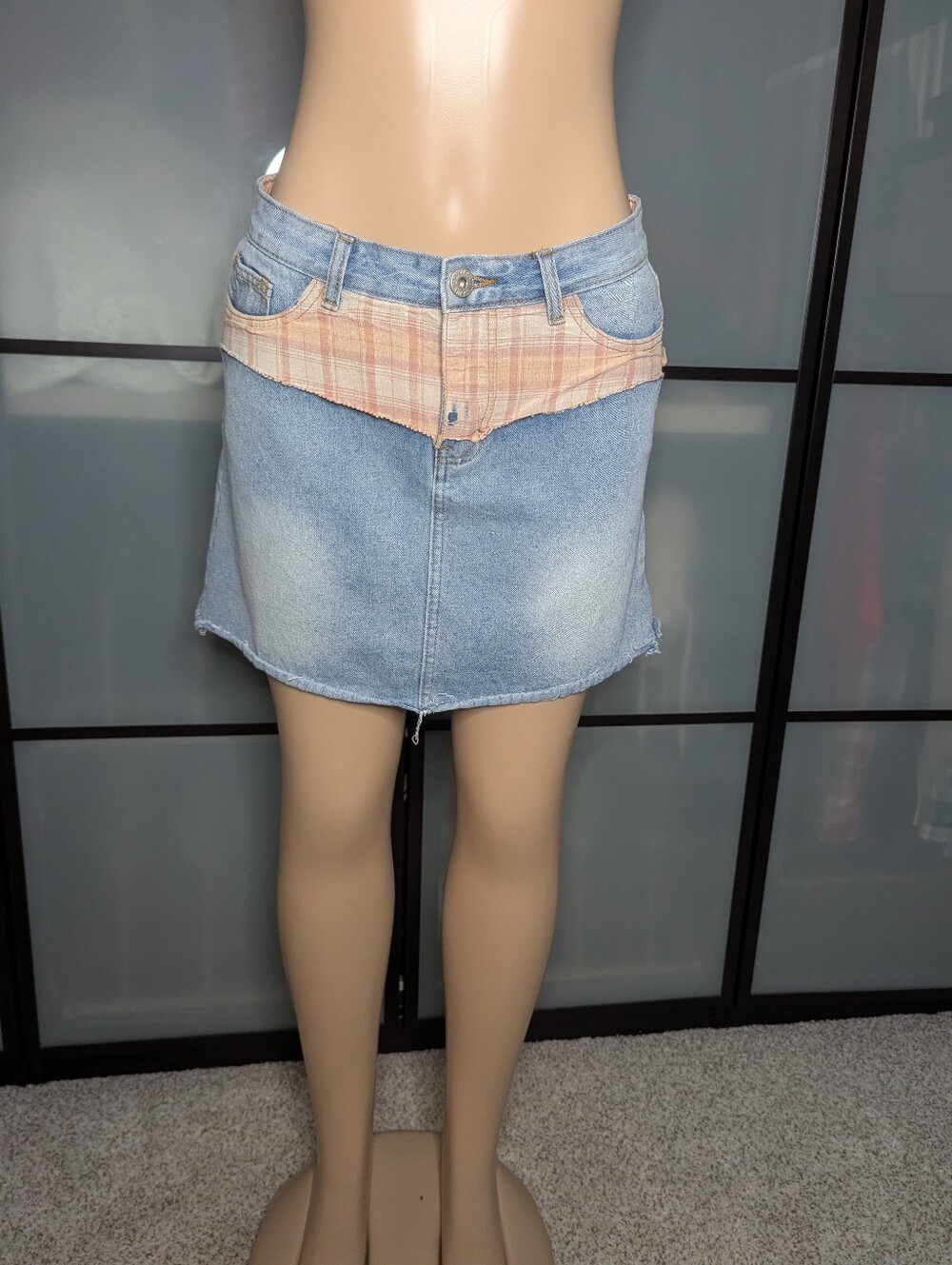 POL Light Blue Denim Mini Skirt with Pink Plaid Waist